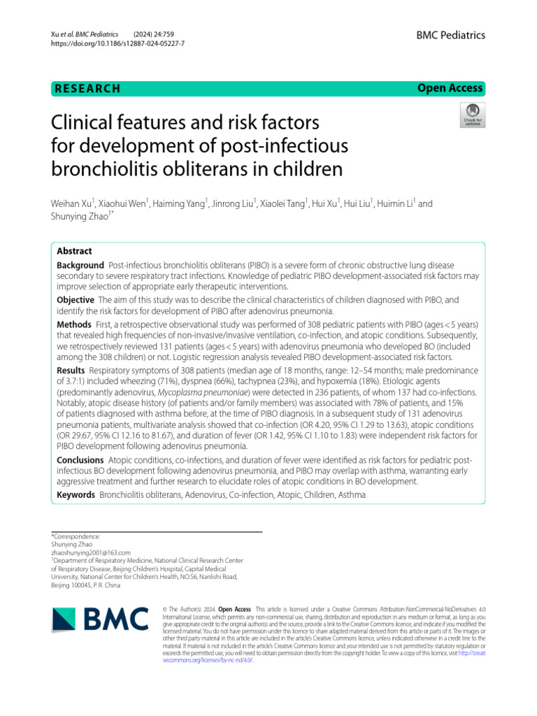 Pediatric PIBO Risk Factors Post-Adenovirus | PDF | Immunology | Human ...