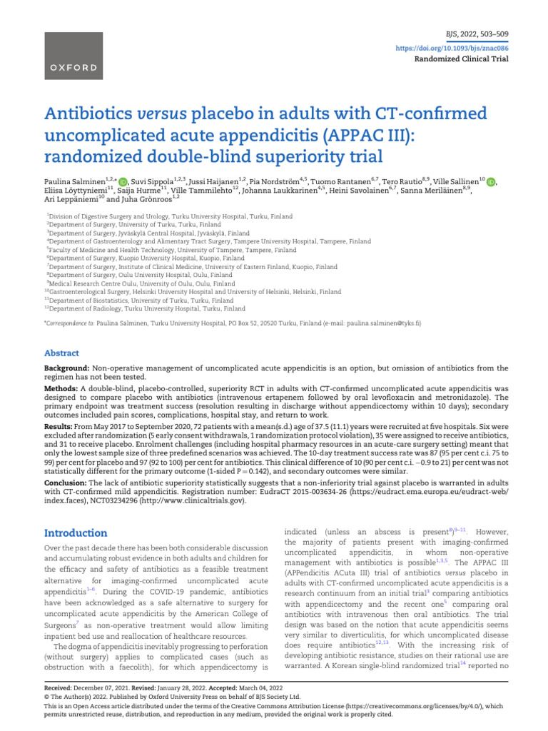 Antibiotics vs Placebo for Appendicitis | PDF | Placebo | Clinical Medicine