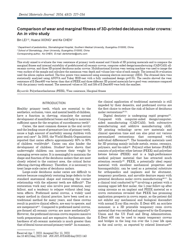 Wear and Marginal Fitness of 3D Printed Deciduous Molar Crowns | PDF ...