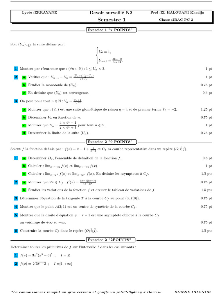 Devoir de mathématiques 2BAC PC 3 | PDF
