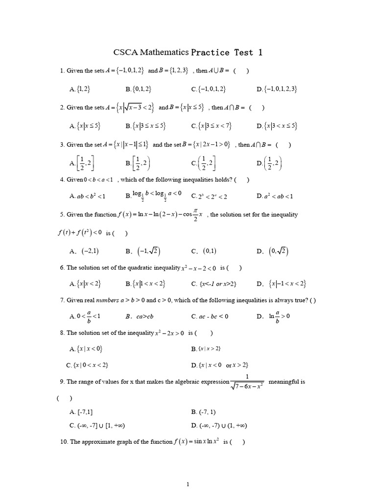 CSCA Mathematics Practice Test 1 | PDF | Function (Mathematics ...