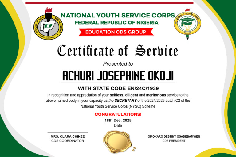 NYSC Certificate of Service 2024-2025 | PDF
