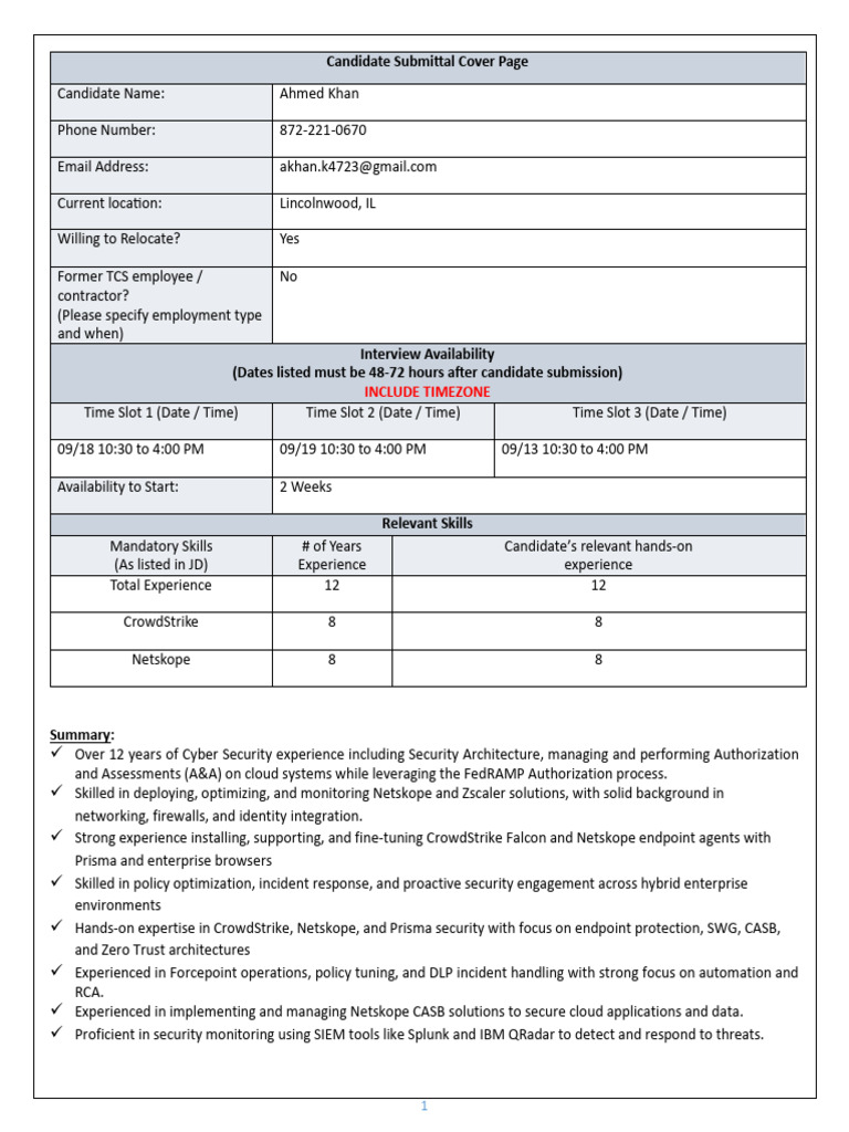 Cybersecurity Candidate Profile: Ahmed Khan | PDF | Security | Computer ...