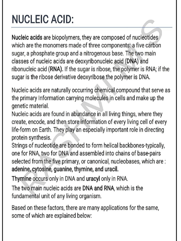 Nucleic Acids: DNA & RNA Applications | PDF | Dna | Nucleic Acids