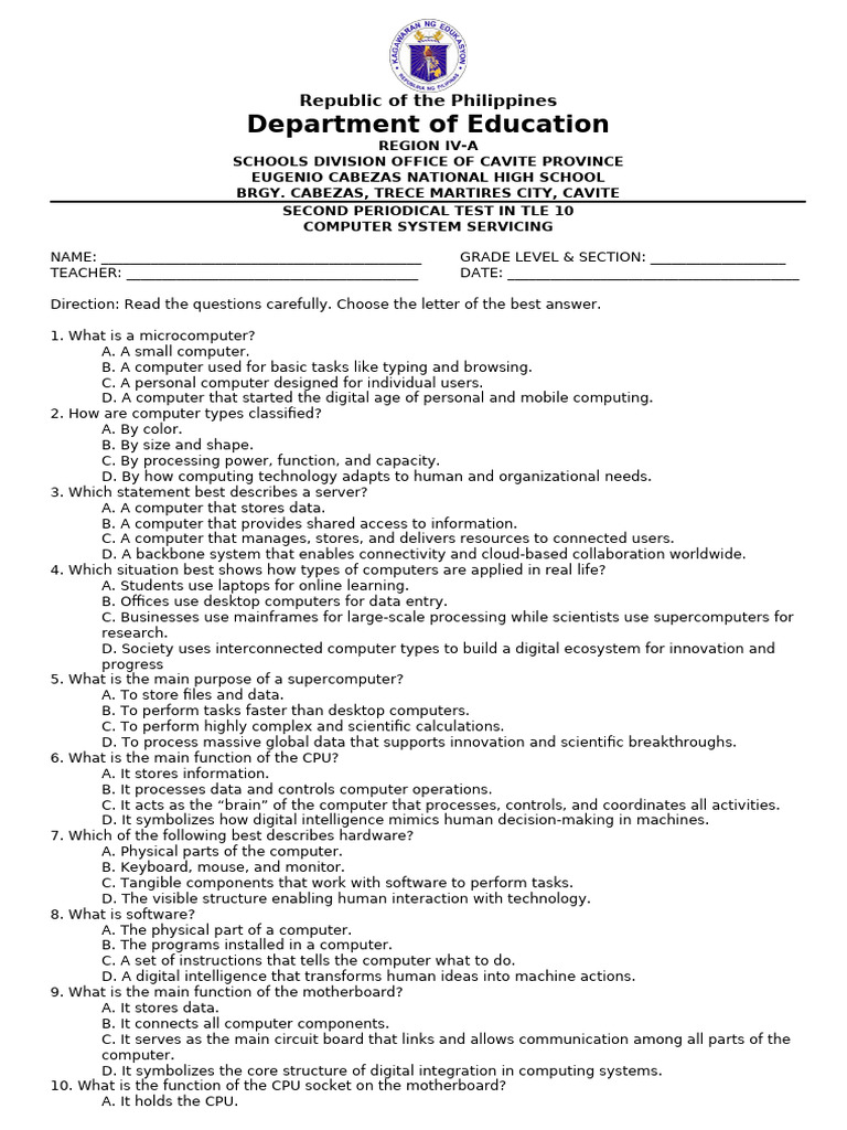 TLE 10 Computer System Servicing Test | PDF | Computer Data Storage ...