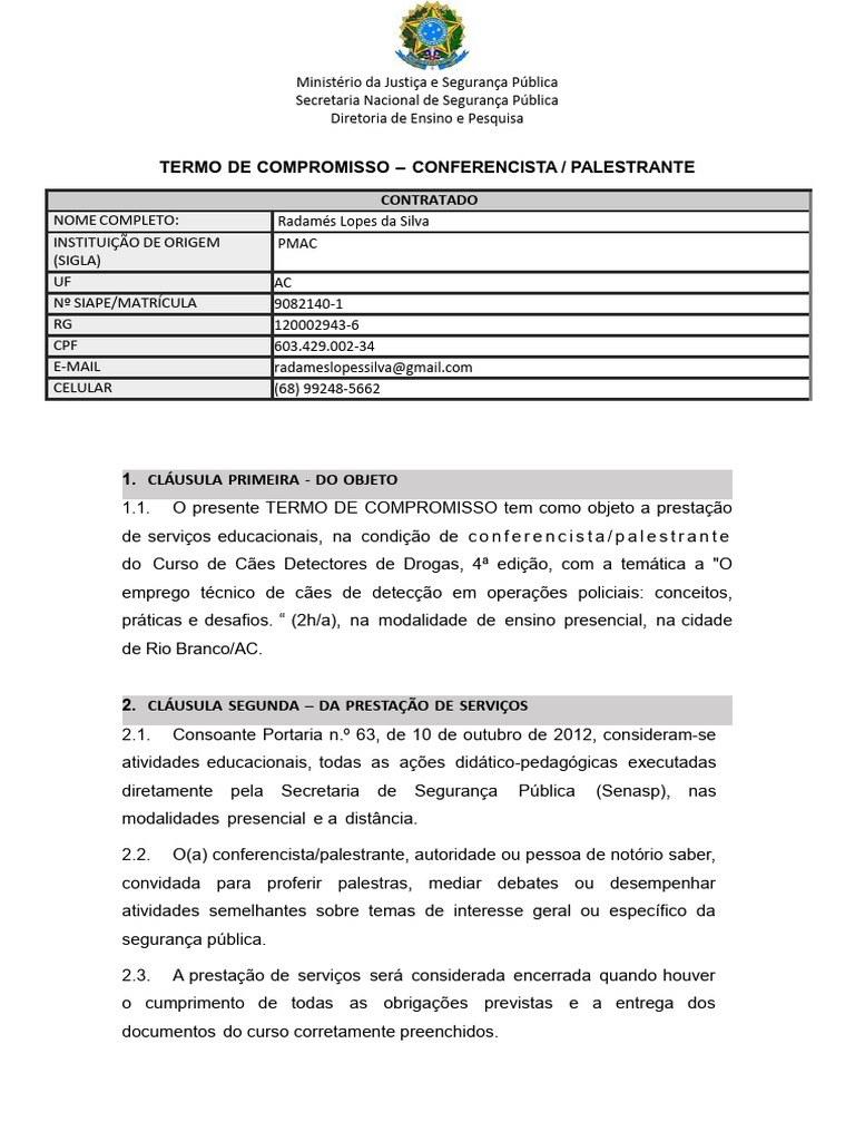 Termo de Compromisso Palestrante Segurança | PDF | Justiça | Crime e ...