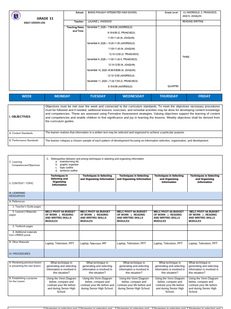 Grade 11 Reading Writing Lesson Plan | PDF | Learning | Curriculum