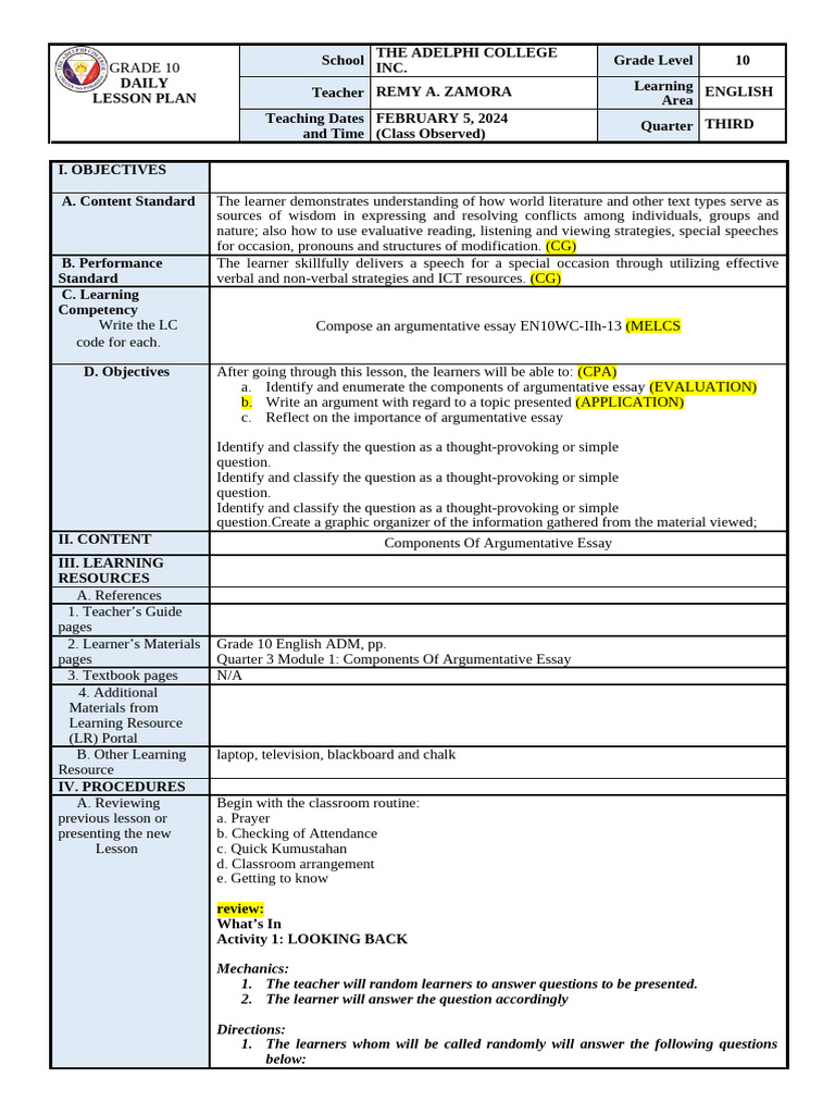 Grade 10 English Argumentative Essay Plan | PDF | Essays | Learning