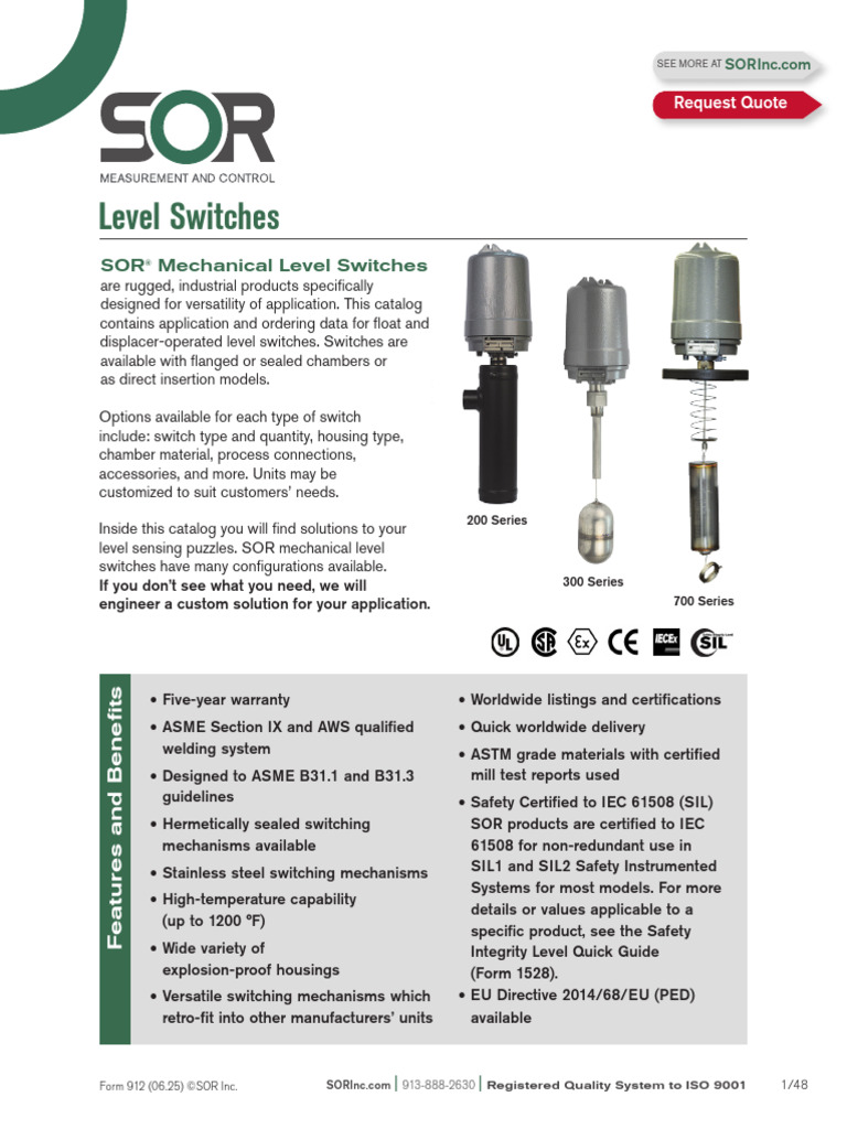 SOR Level Switches Catalog | PDF | Switch | Actuator