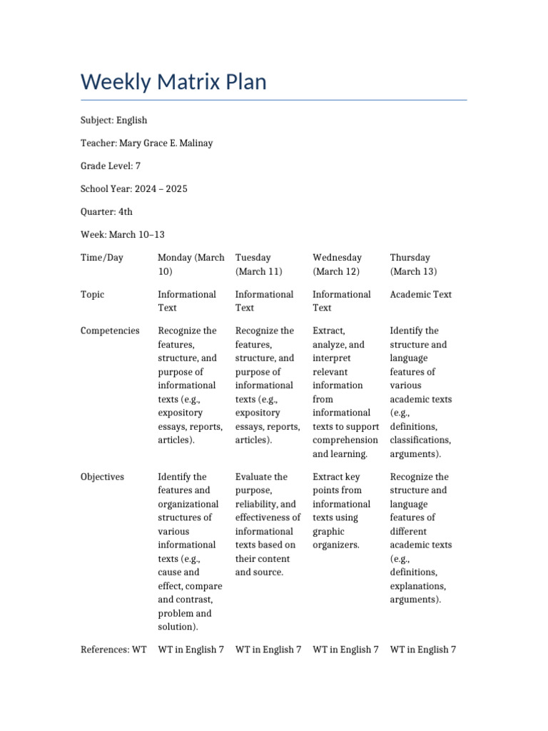 @G7_Matrix_Plan_March_10_13 | PDF | Essays | Cognition