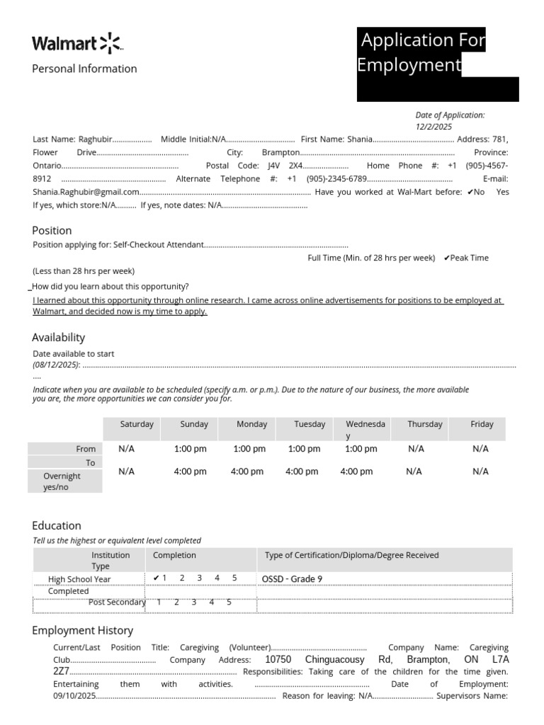 Walmart Employment Application Form | PDF