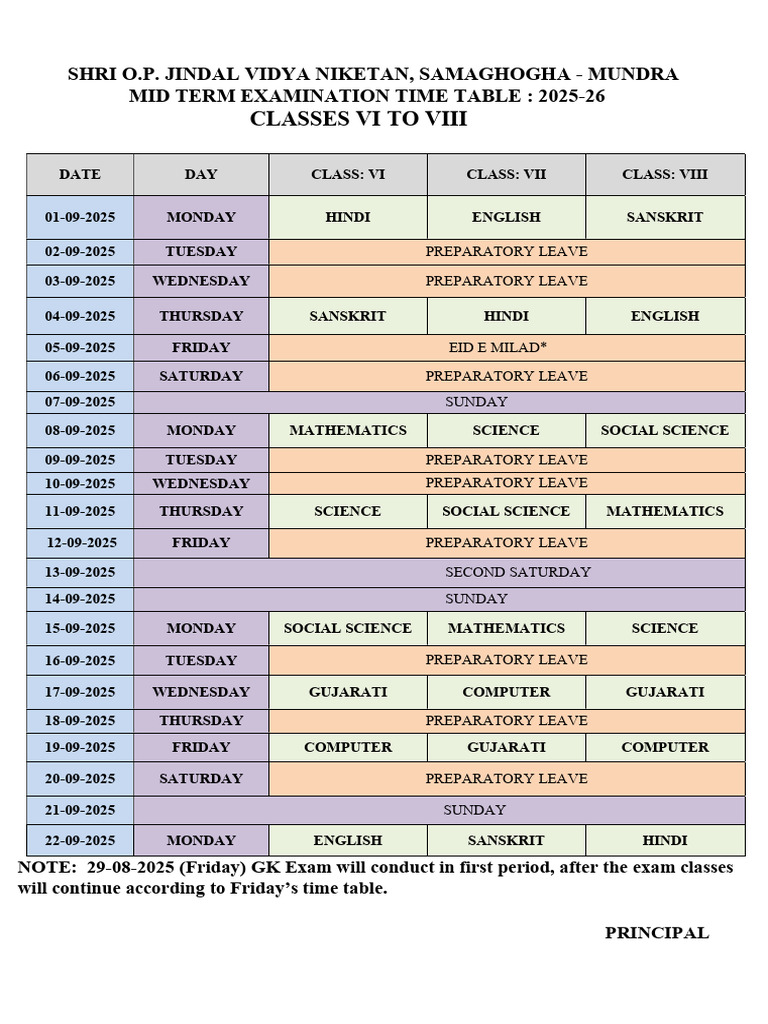 Mid Term Exam Timetable 2025-26 | PDF