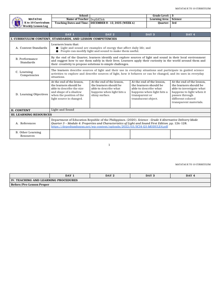 DLL Matatag Science 3 q3 w6 | PDF | Light | Curriculum