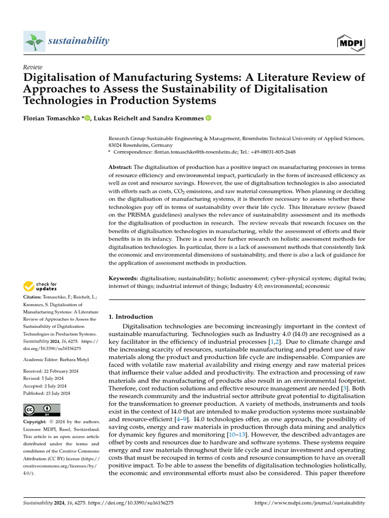 Sustainability Assessment in Digital Manufacturing | PDF ...
