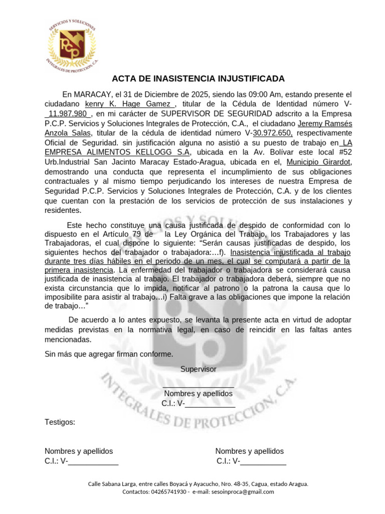 Acta de Inasistencia Injustificada Hoy | PDF