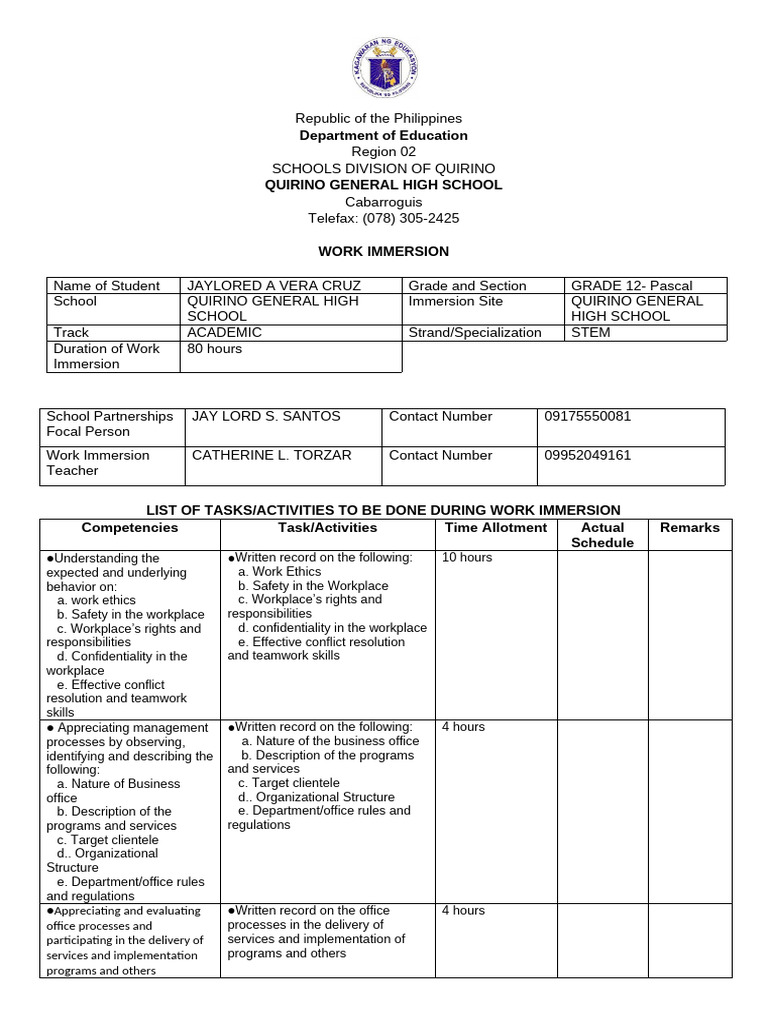 Work Immersion Plan for Grade 12 STEM | PDF | Business | Social Psychology