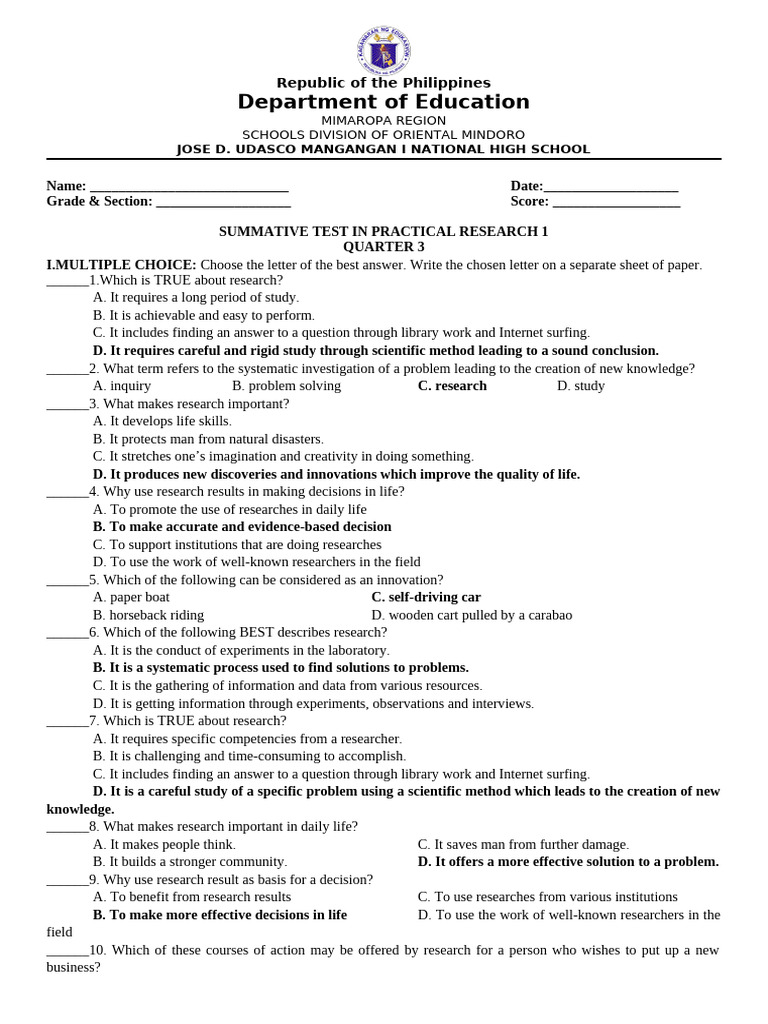 SUMMATIVE TEST IN PR1 | PDF | Qualitative Research | Quantitative Research