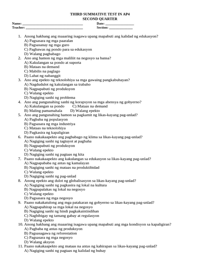 Third Summative Test in Ap4 | PDF