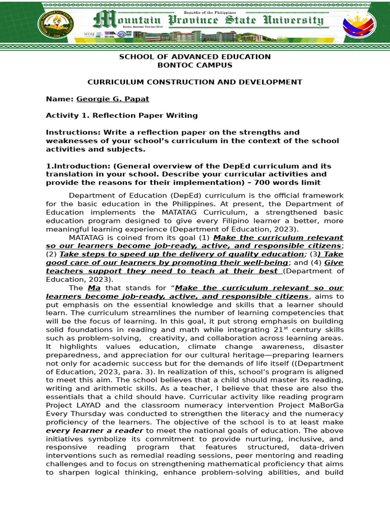 Reflection on MATATAG Curriculum Effectiveness | PDF | Curriculum ...