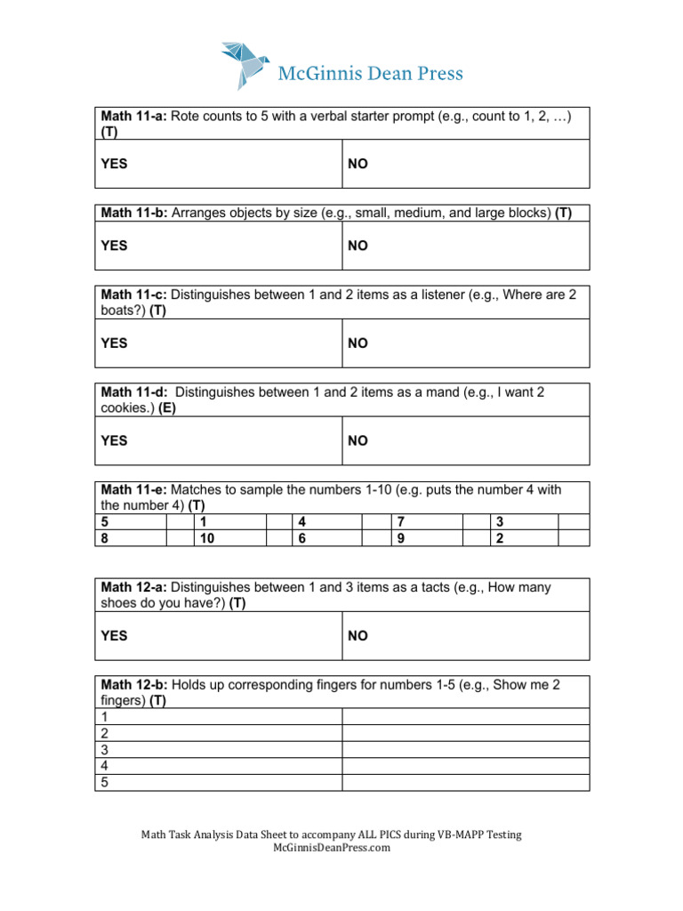Math Task Analysis data sheet | PDF