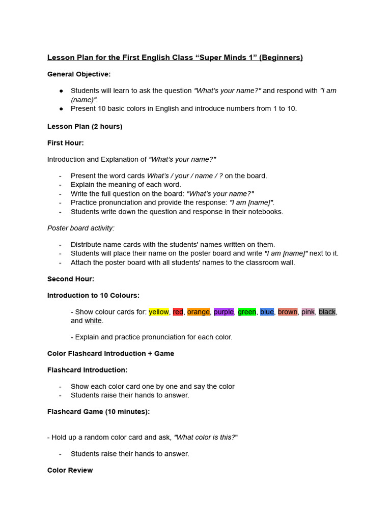 Beginner English Lesson Plan: Colors & Names | PDF | Crossword | Vocabulary