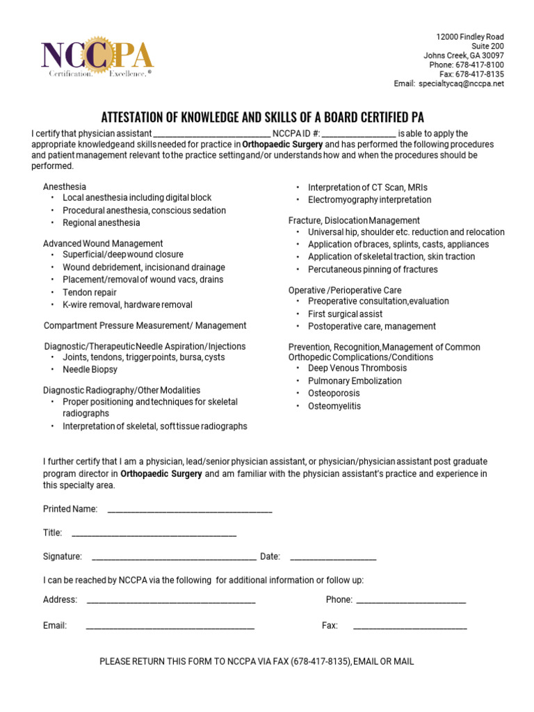 Orthopaedic PA Skills Attestation Form | PDF | Surgery | Anesthesia