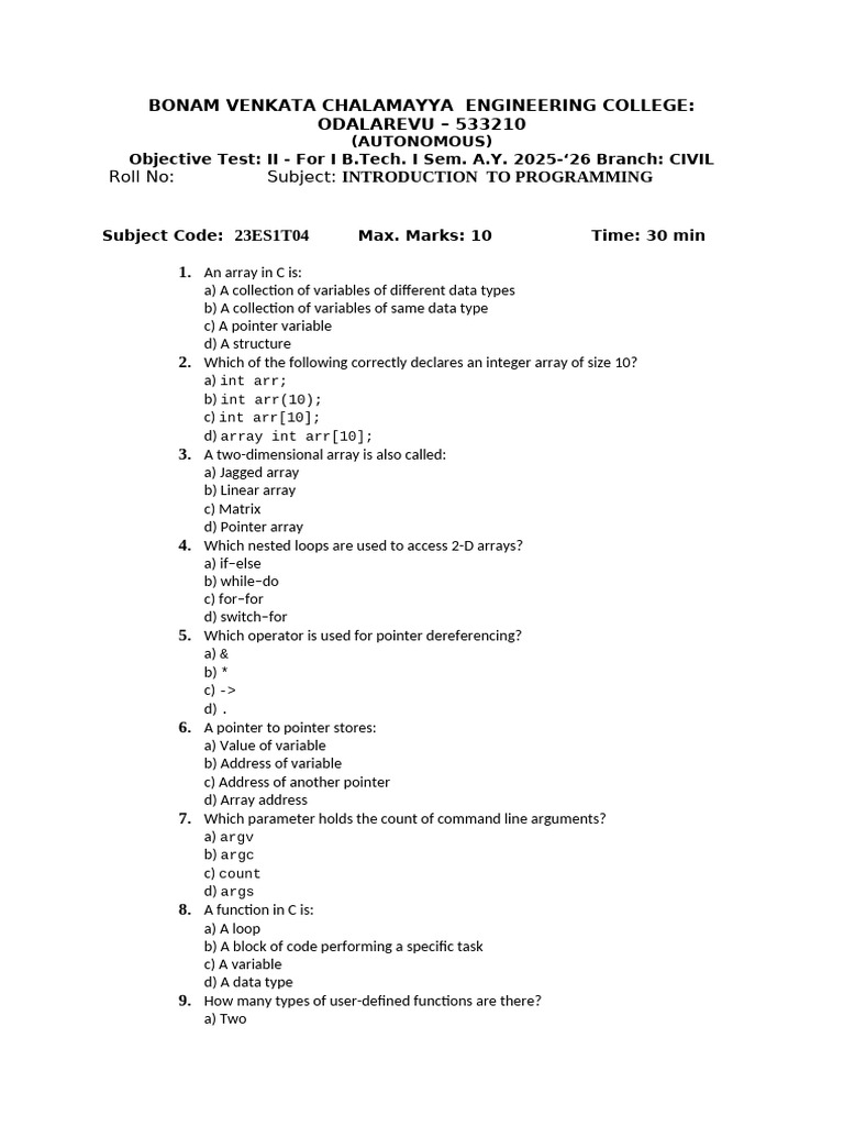 I-I Sem CP Mid-2 Objective | PDF | Pointer (Computer Programming ...