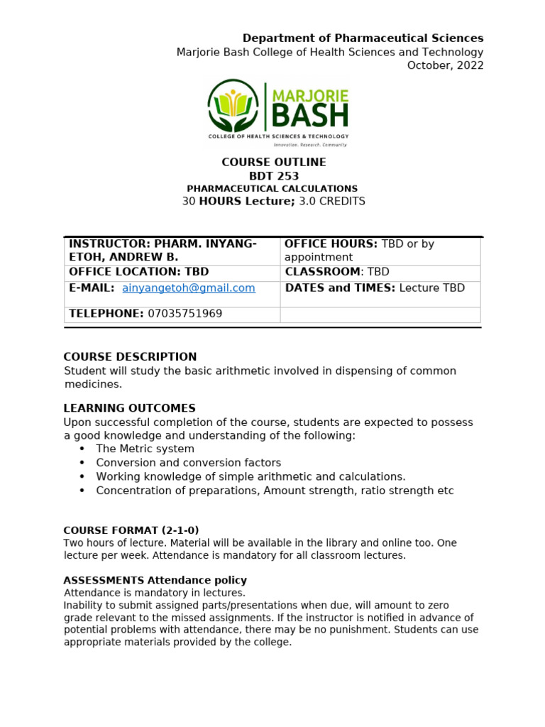 Pharmaceutical Calculations Course Outline | PDF | Dose (Biochemistry ...