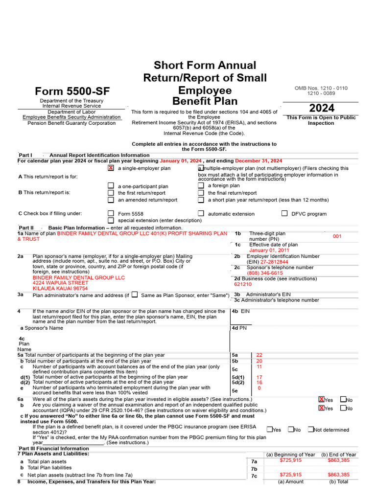 2024 Form 5500-SF for Small Plans | PDF | Insurance | Business