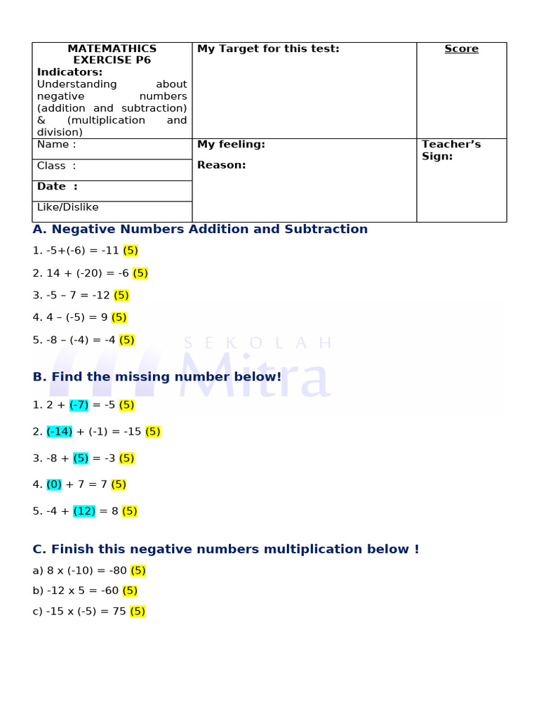 2nd Meeting - P6B Operation of Negative Numbers ANSWER KEY | PDF