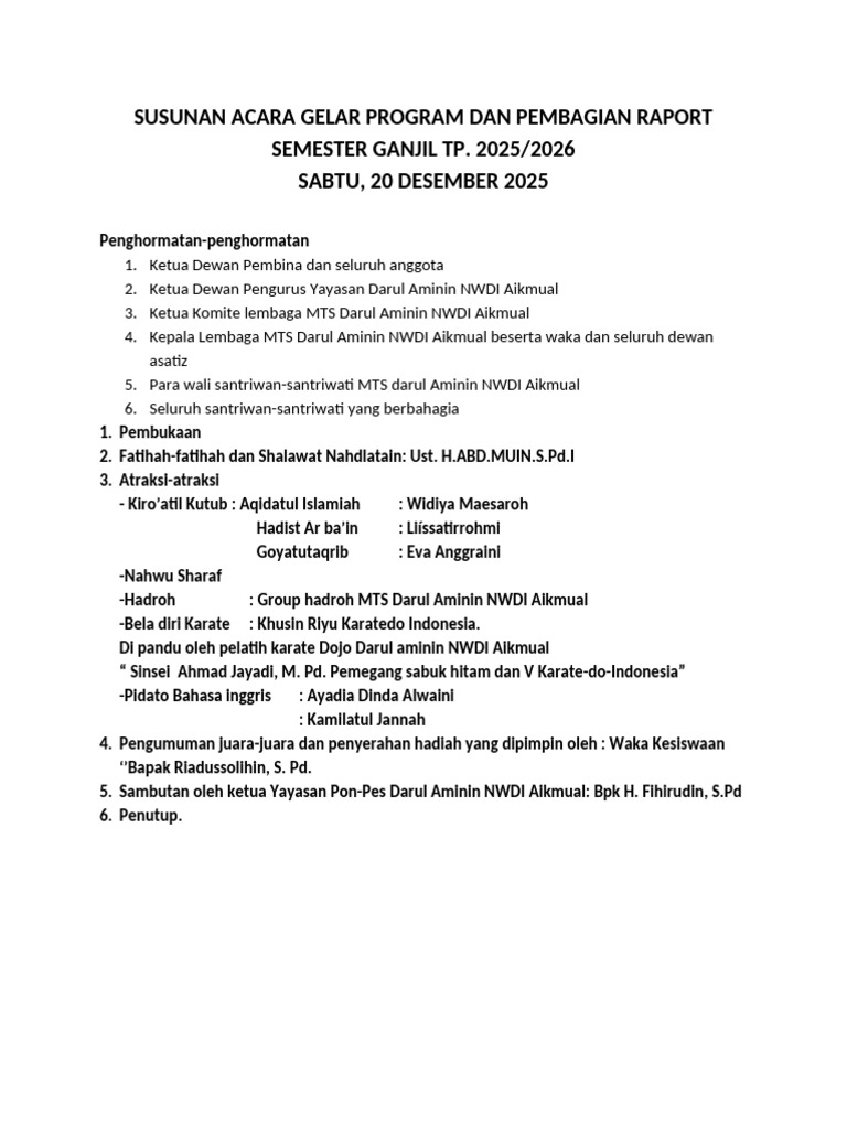 Acara Pembagian Raport MTS Darul Aminin | PDF