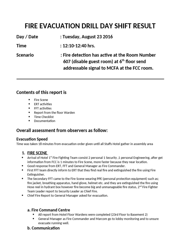 Fire Evacuation Drill Report Summary | PDF | Firefighter | Safety
