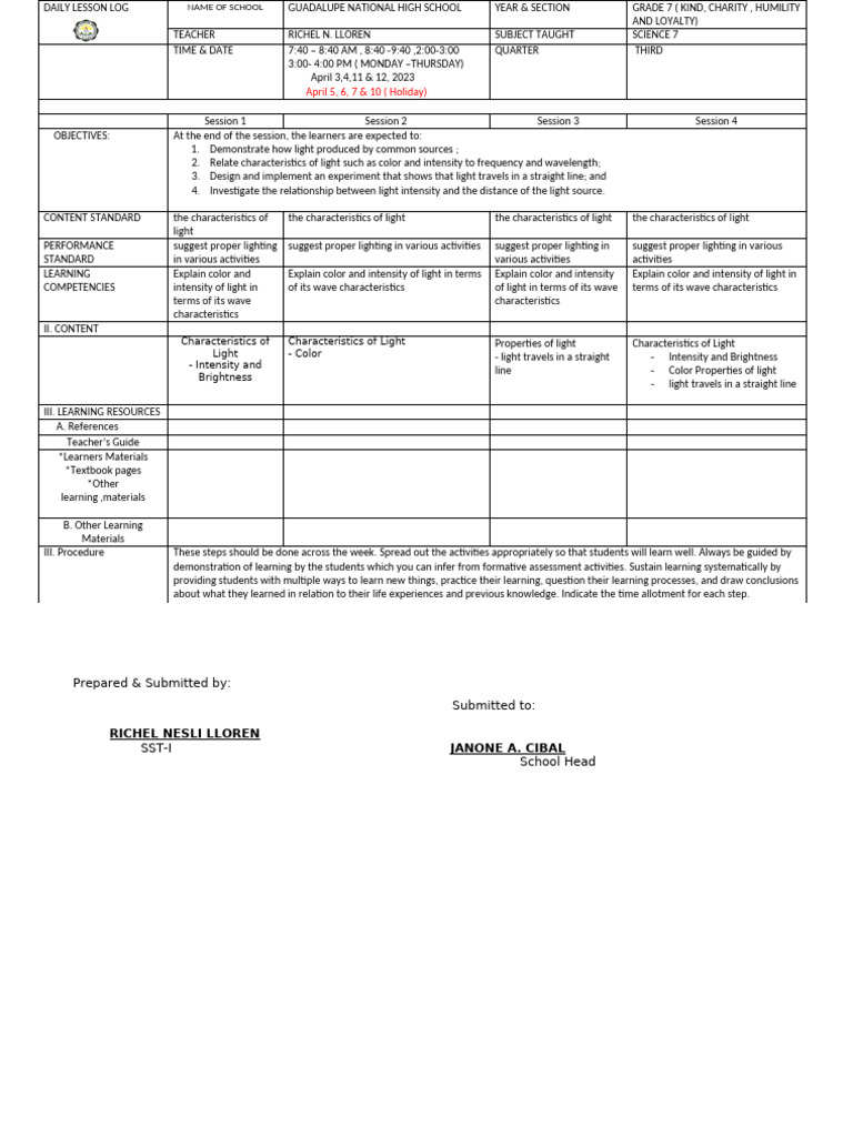 Grade 7 Science Daily Lesson Log | PDF | Learning | Light