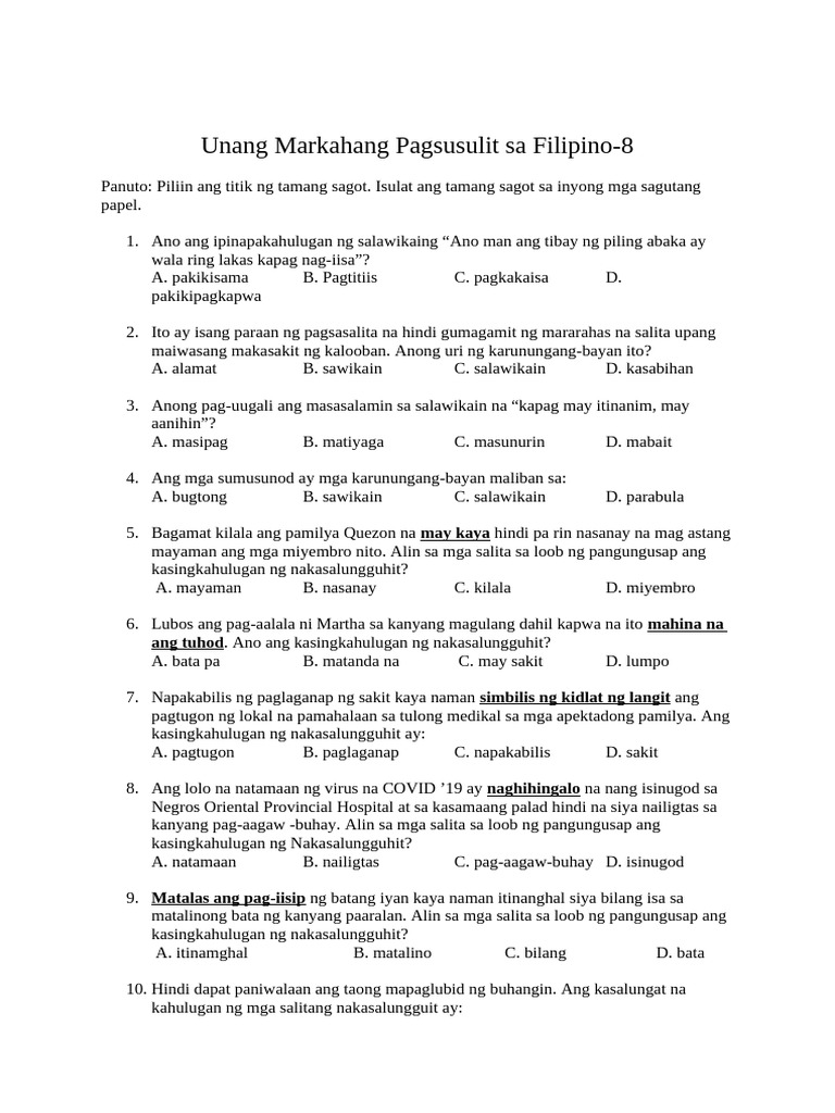 Unang Markahang Pagsusulit Sa Filipino 8-Final With Tos | PDF