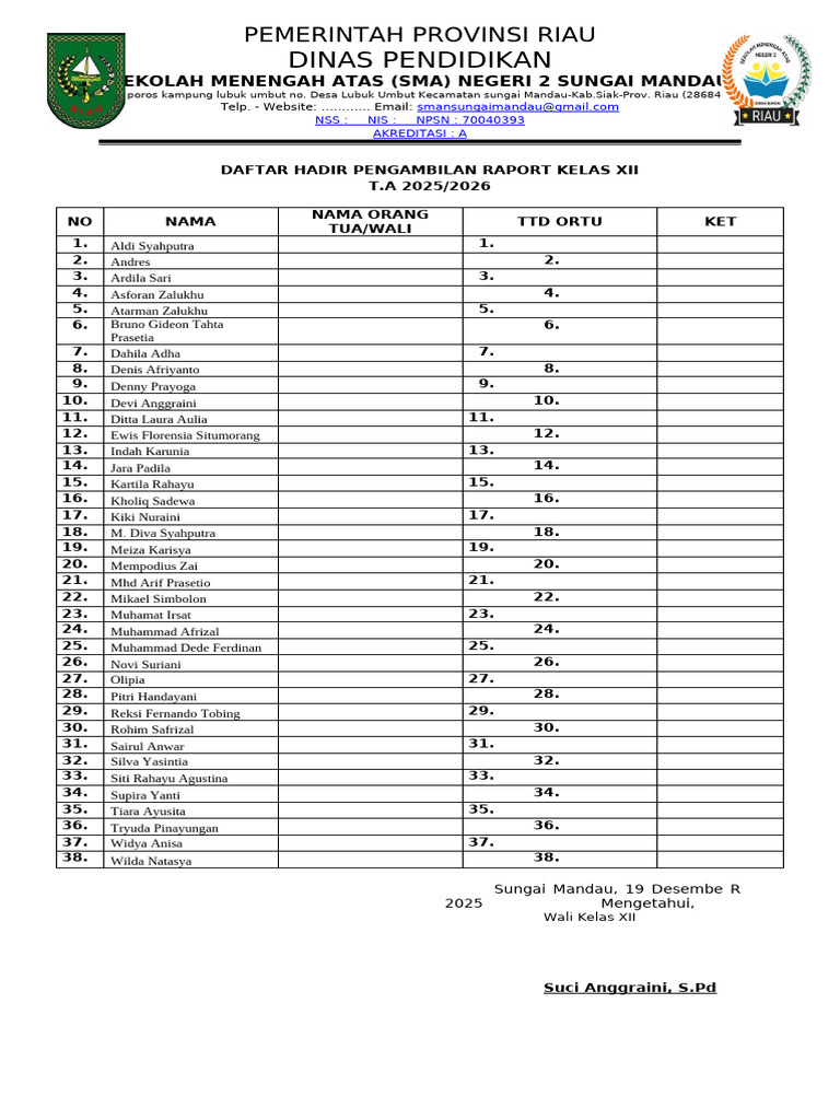 Daftar Hadir Pengambilan Raport SMA 2 | PDF