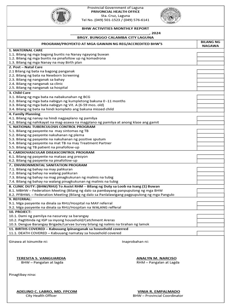 BHW Activies Monthly Report Calamba | PDF