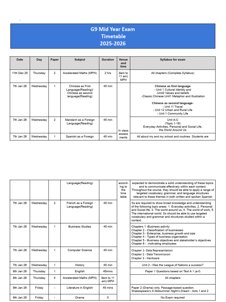 G9 Mid Year Exam Timetable 2025-2026 | PDF | Chinese Language | Chemistry