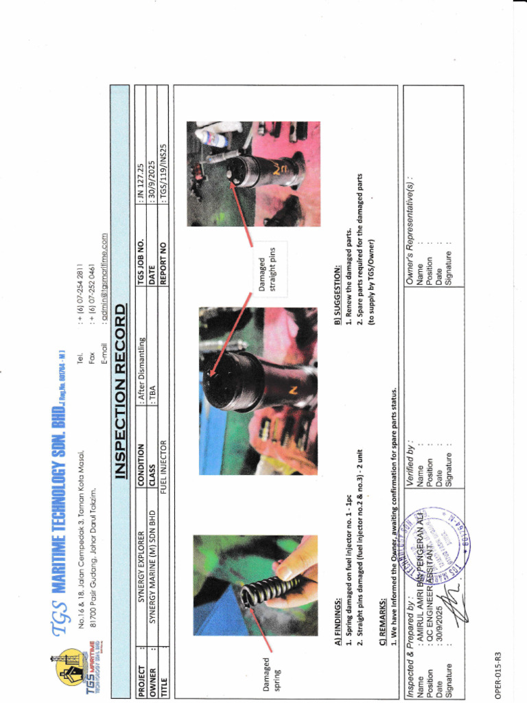 Tgs-Inspection Record Fuel Injector | PDF
