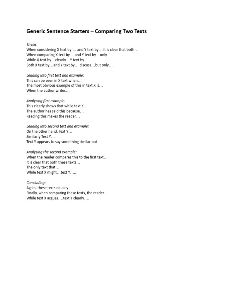 Generic Sentence Starters Comp Paragraph | PDF