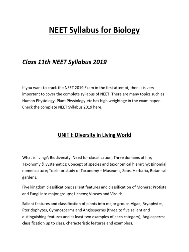 NEET 2019 Biology Syllabus Overview | PDF | Genetics | Photosynthesis