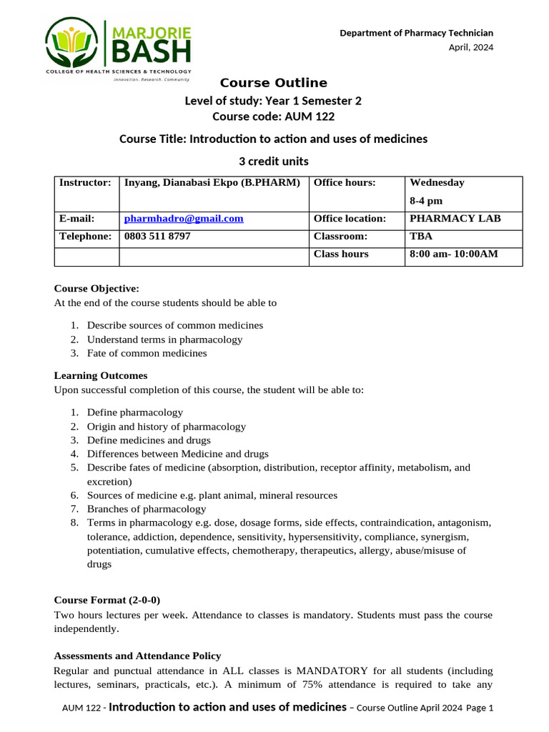 Pharmacy Technician Course: AUM 122 Outline | PDF | Pharmacology | Dose ...