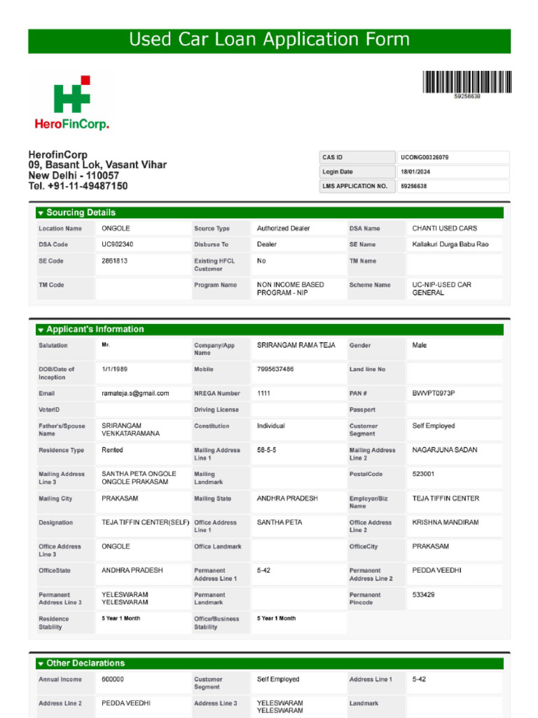 Used Car Loan Application Form | PDF