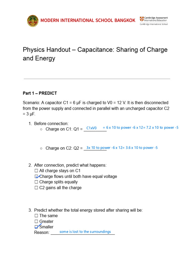 Year 13 Physics Handout - Capacitance - Sharing of Charge and Energy | PDF