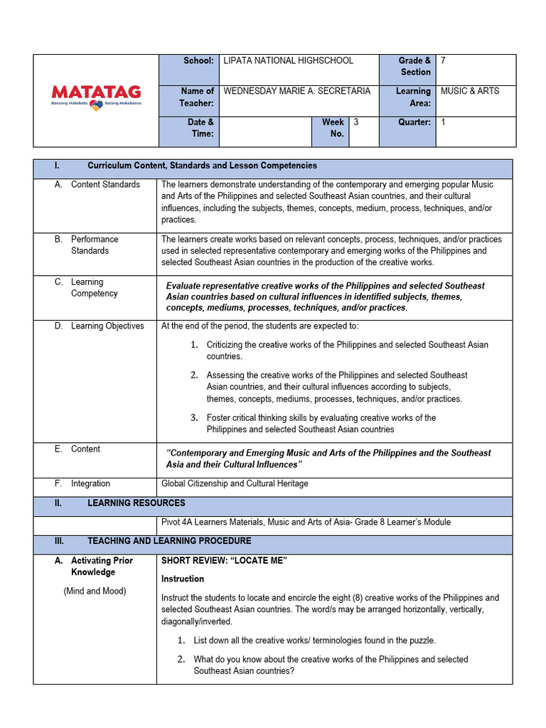 Music and Arts Curriculum for Grade 7 | PDF | Southeast Asia | Learning