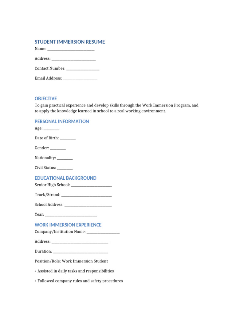 Student Immersion Resume Template | PDF