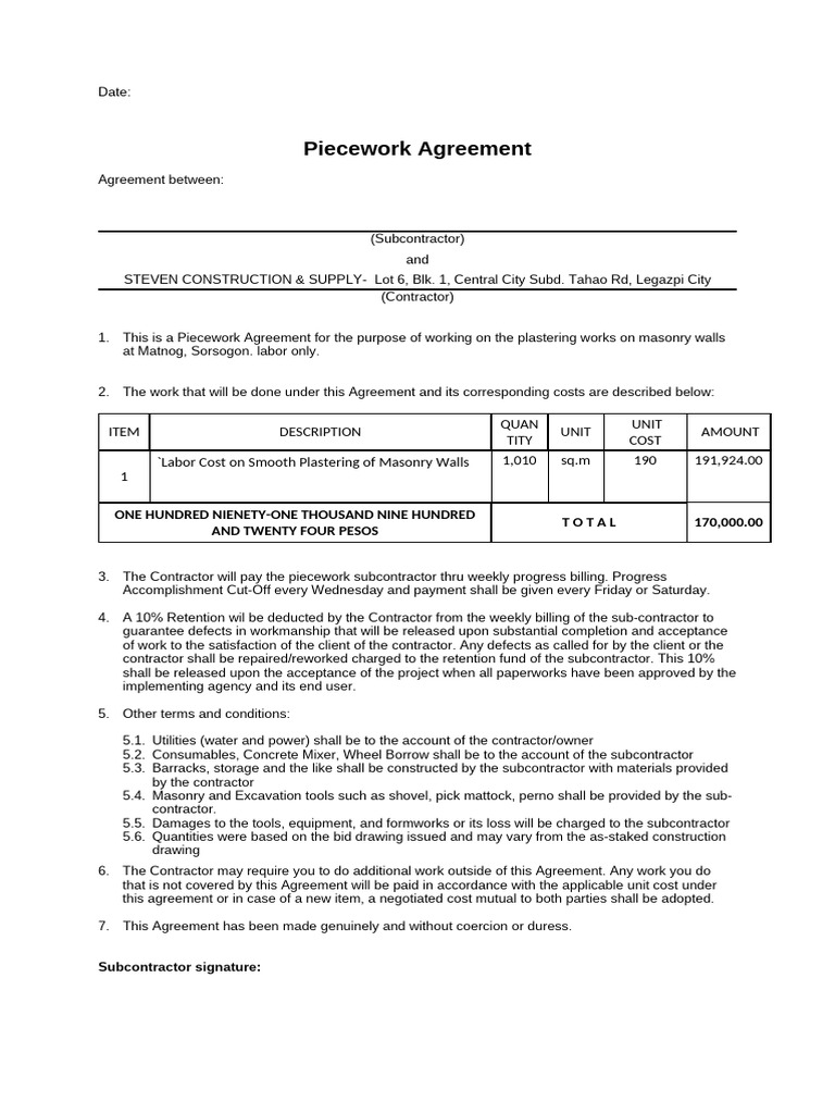 Piecework Agreement for Masonry Plastering | PDF
