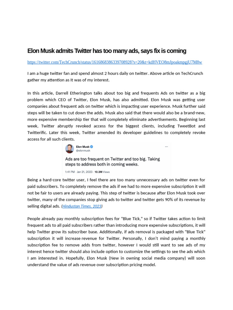 Elon Musk Plans Twitter Ad Reductions | PDF