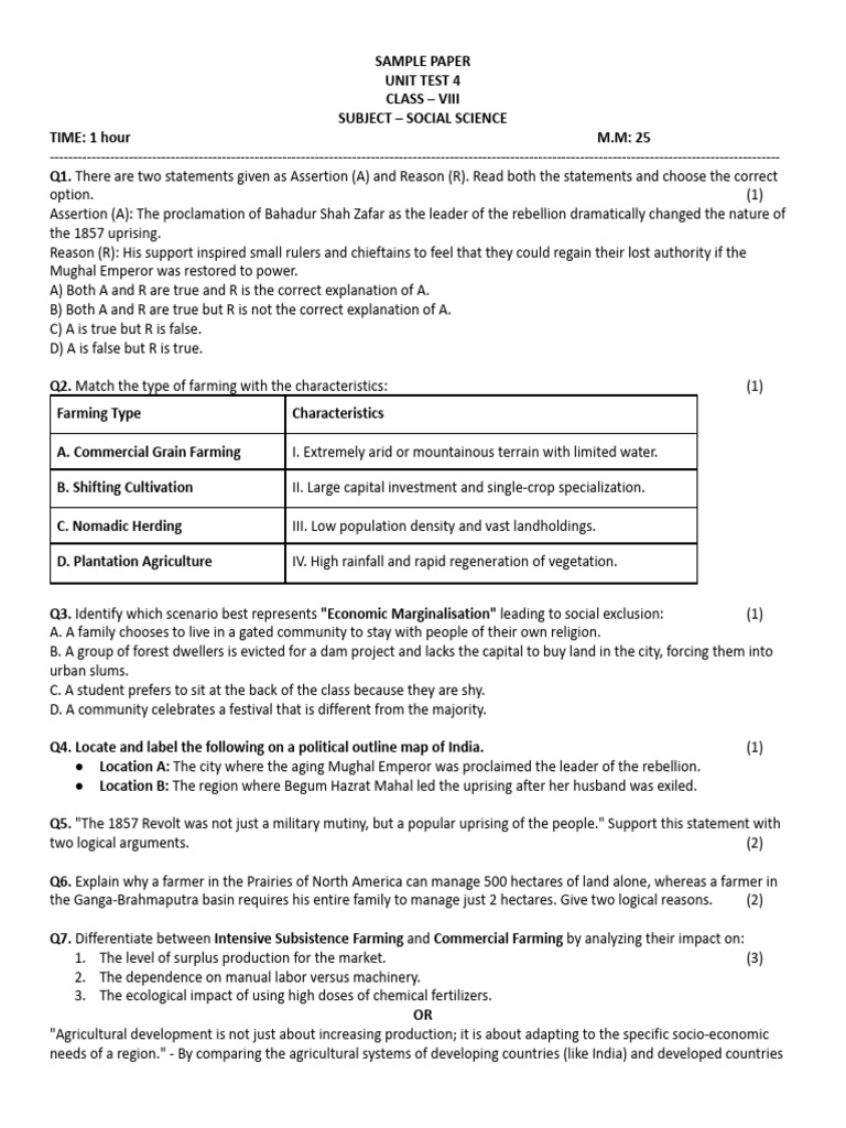 Class VIII Social Science Unit Test 4 | PDF | Agriculture