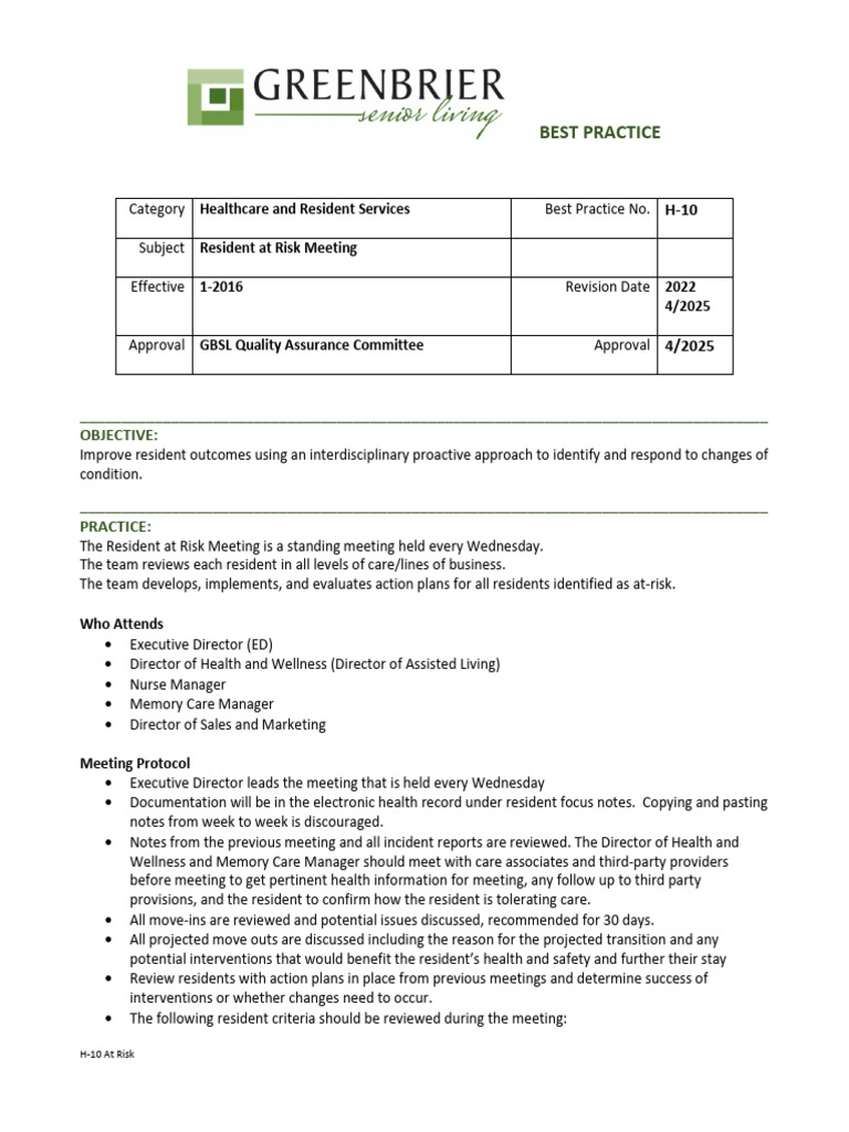 Resident At Risk Meeting Best Practices | PDF | Risk | Electronic ...