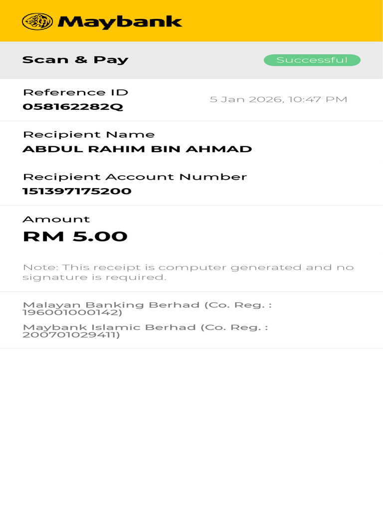 Scan & Pay Receipt - RM 5.00 Transaction | PDF